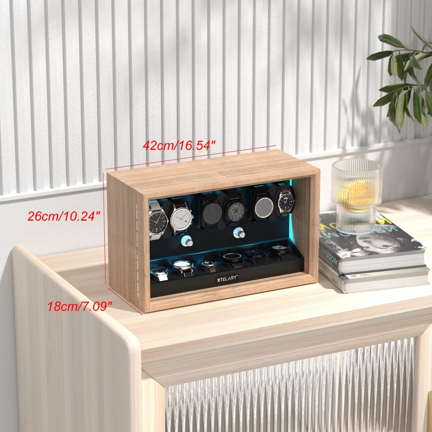 XTELARY Watch Winder for 4/6/8/12 Automatic Watches, Lockable Automatic Winders with Extra Watch Storages, 4 Rotation Modes, Flexible Watch Pillows, Quiet Mabuchi Motor, and Blue Backlight