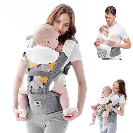 Baby Carrier, Bellababy Multifunction Baby Carrier Hip Seat (Ergonomic M Position) for 3-36 Month Baby, 6-in-1 Ways to Carry, All Seasons, Adjustable Size, Perfect for Shopping Travelling, Grey