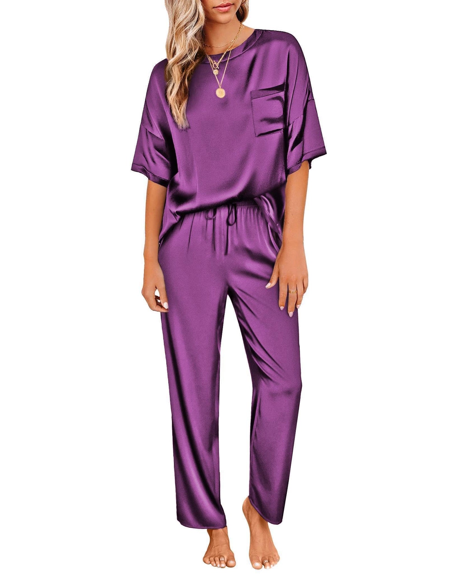 Ensemble de pyjama en satin soyeux pour femmes Ekouaer, chemise à manches courtes avec pantalon de pyjama long, vêtements de détente doux