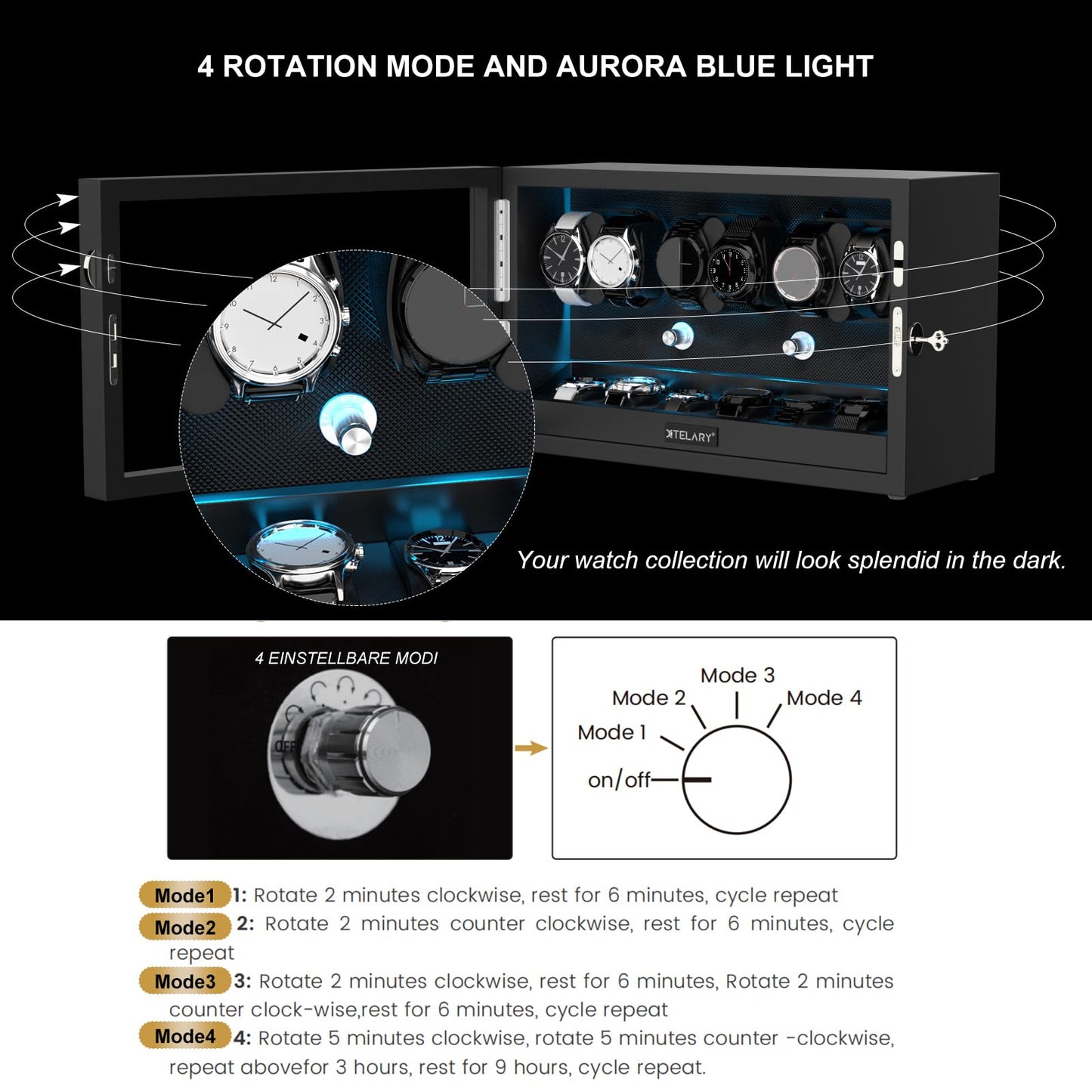 XTELARY Watch Winder for 4/6/8/12 Automatic Watches, Lockable Automatic Winders with Extra Watch Storages, 4 Rotation Modes, Flexible Watch Pillows, Quiet Mabuchi Motor, and Blue Backlight