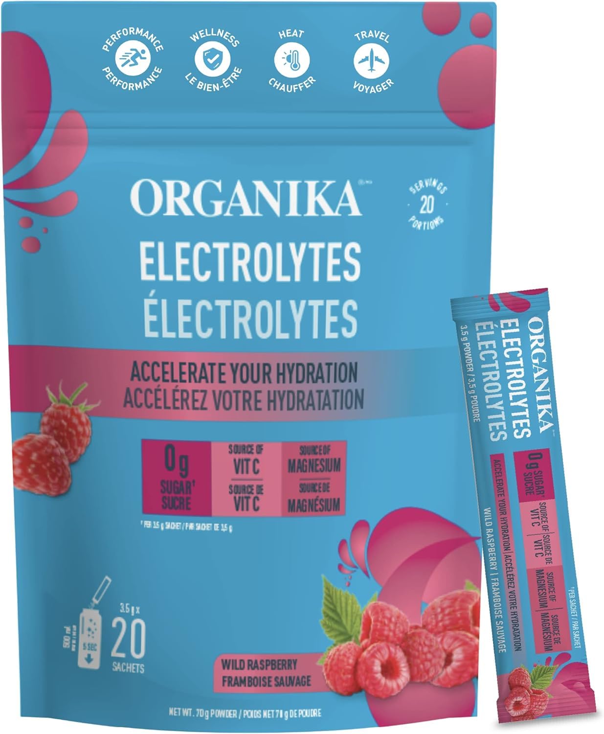 Poudre d'électrolytes Organika - Sachets de limonade rose - Hydratation sans sucre à emporter et réapprovisionnement en électrolytes avec prébiotiques et vitamine C 3,5 g x 20 ct 