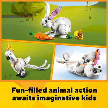 LEGO Creator 3 en 1 Ensemble de construction d'animaux Lapin blanc, jouet STEM pour enfants de 8 ans et plus, se transforme de lapin en phoque en perroquet, jouet de construction créatif pour garçons et filles, 31133 