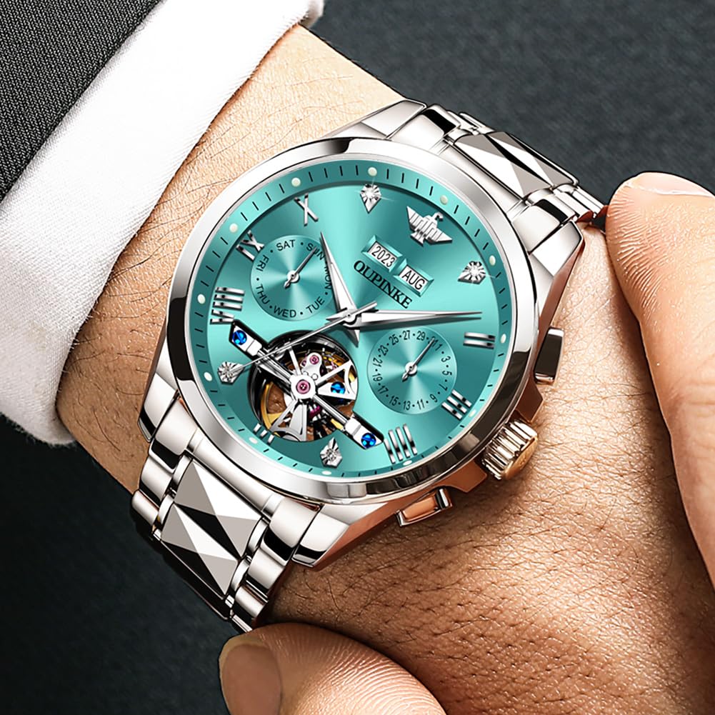 Relojes OUPINKE para hombre, automáticos, de lujo, con diamantes, esqueleto, mecánicos, para hombre, de acero inoxidable, de dos tonos, para negocios, resistentes al agua y luminosos 