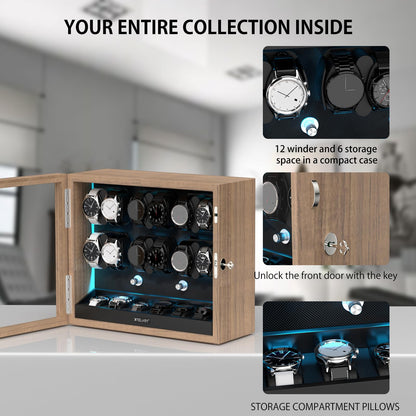 XTELARY Watch Winder for 4/6/8/12 Automatic Watches, Lockable Automatic Winders with Extra Watch Storages, 4 Rotation Modes, Flexible Watch Pillows, Quiet Mabuchi Motor, and Blue Backlight