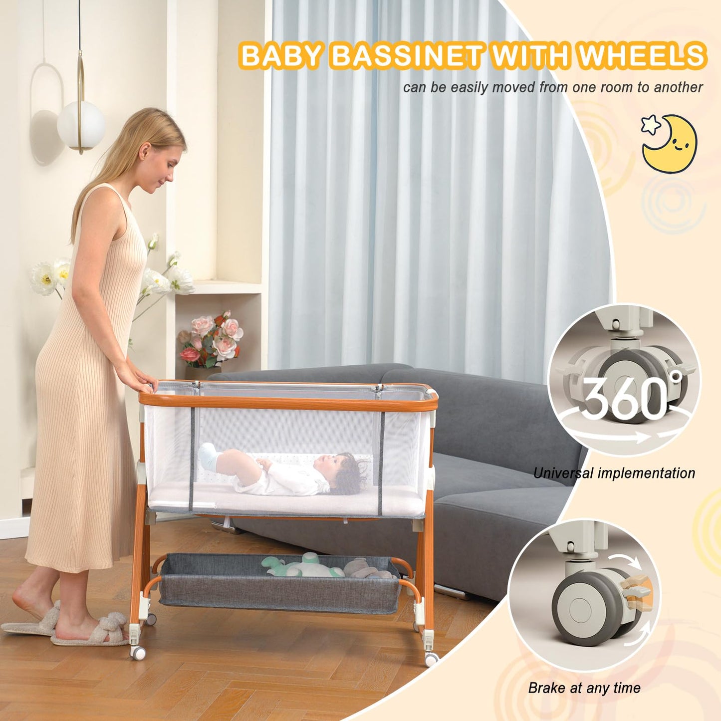 3 in 1 Bassinet,Baby Bassinets Bedside Sleeper with Musical Toy,Adjustable Height Bedside Bassinet for Baby with Wheels and Storage Basket,4-Sided Mesh Bedside Crib for Newborn 0-6 Months (Grey)