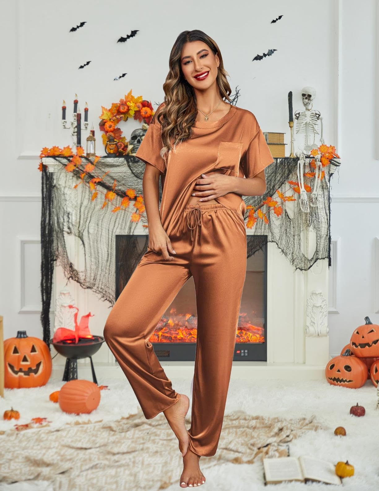 Ensemble de pyjama en satin soyeux pour femmes Ekouaer, chemise à manches courtes avec pantalon de pyjama long, vêtements de détente doux