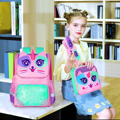 Lot de 3 sacs à dos à paillettes pour filles, sac à dos avec boîte à lunch, sac d'école maternelle pour enfants de 15 pouces pour élèves du primaire et du tout-petit - Koala vert 