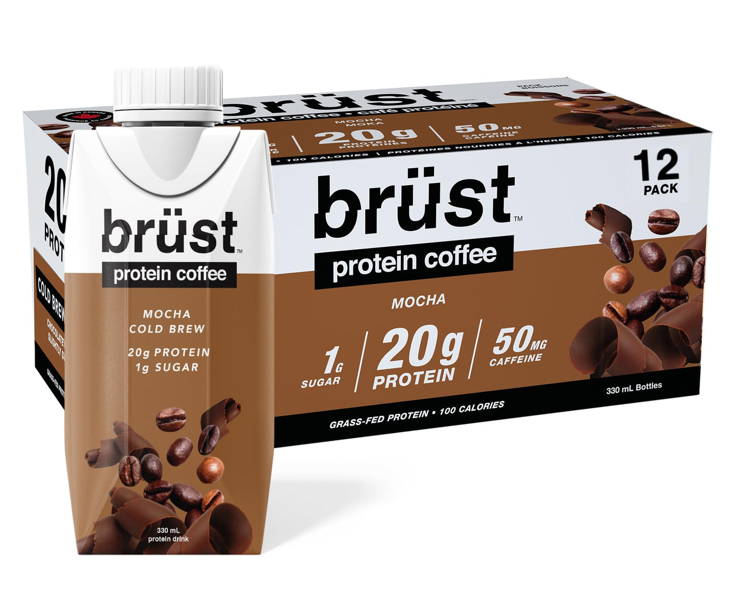 BRÜST PROTEIN COFFEE LIGHT ROAST - Pack de 12 (20 g de protéines, 120 mg de caféine, 120 calories) Léger, légèrement sucré, 330 ml, Brust Cold Brew Iced Coffee - COMME VU DANS DRAGON'S DEN 