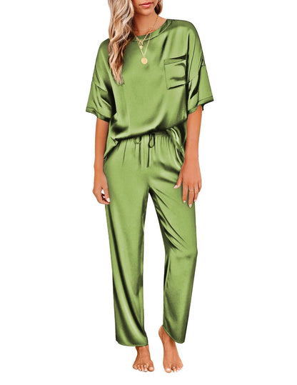 Ensemble de pyjama en satin soyeux pour femmes Ekouaer, chemise à manches courtes avec pantalon de pyjama long, vêtements de détente doux