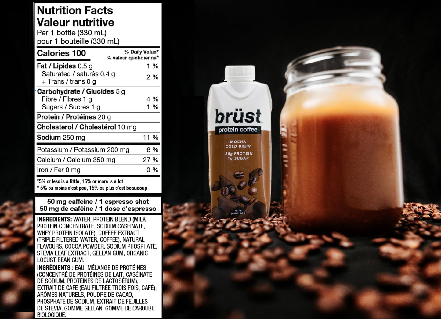 BRÜST PROTEIN COFFEE LIGHT ROAST - Pack de 12 (20 g de protéines, 120 mg de caféine, 120 calories) Léger, légèrement sucré, 330 ml, Brust Cold Brew Iced Coffee - COMME VU DANS DRAGON'S DEN 