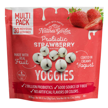 Nature's Garden Probiotic Yoggies Multi Pack, 21oz (Strawberry Yoggies 15x0.7 oz +Mixed Berry Yoggies 15x0.7 oz), Strawberry and Mixed Berry Yogurt Covered Snack, High Fiber, Real Fruit Pieces, No Artificial Ingredients, Healthy Snack for Adults