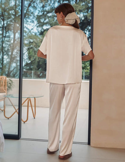 Ensemble de pyjama en satin soyeux pour femmes Ekouaer, chemise à manches courtes avec pantalon de pyjama long, vêtements de détente doux