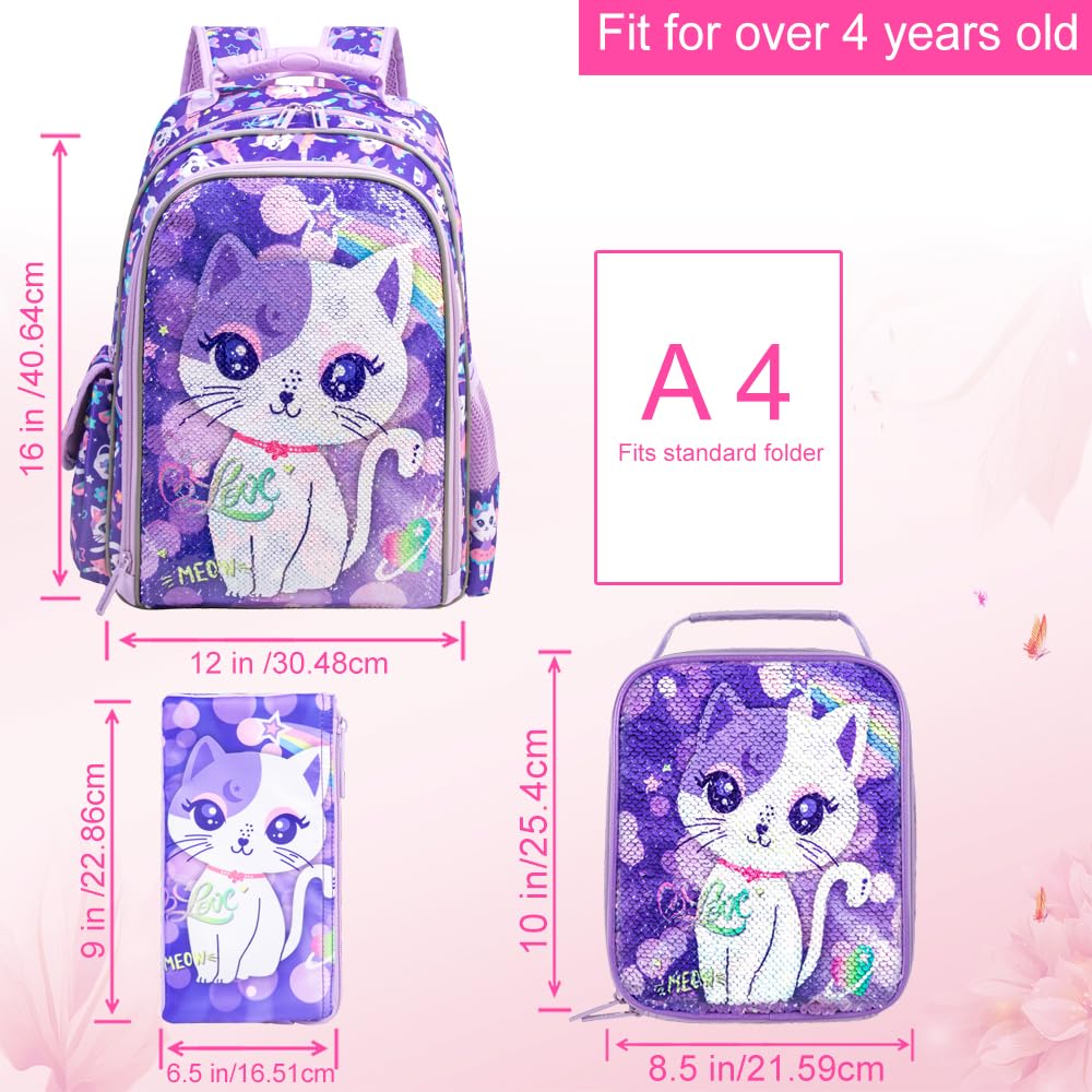 3PCS Kids Backpack for Girls, 15" Sequin Bookbag with Lunch Box, Leopard School Bag Set for Elementary Preschool Toddler