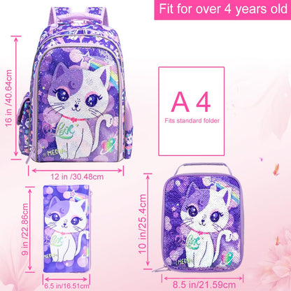 3PCS Kids Backpack for Girls, 15" Sequin Bookbag with Lunch Box, Leopard School Bag Set for Elementary Preschool Toddler