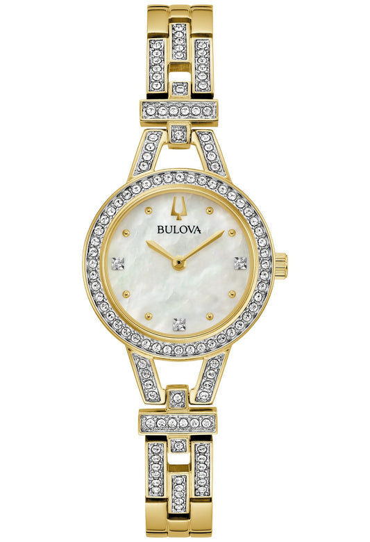 Montre à quartz Bulova pour femme avec boîtier et bracelet en acier inoxydable doré de 25 mm et cadran en nacre blanche (98L325)