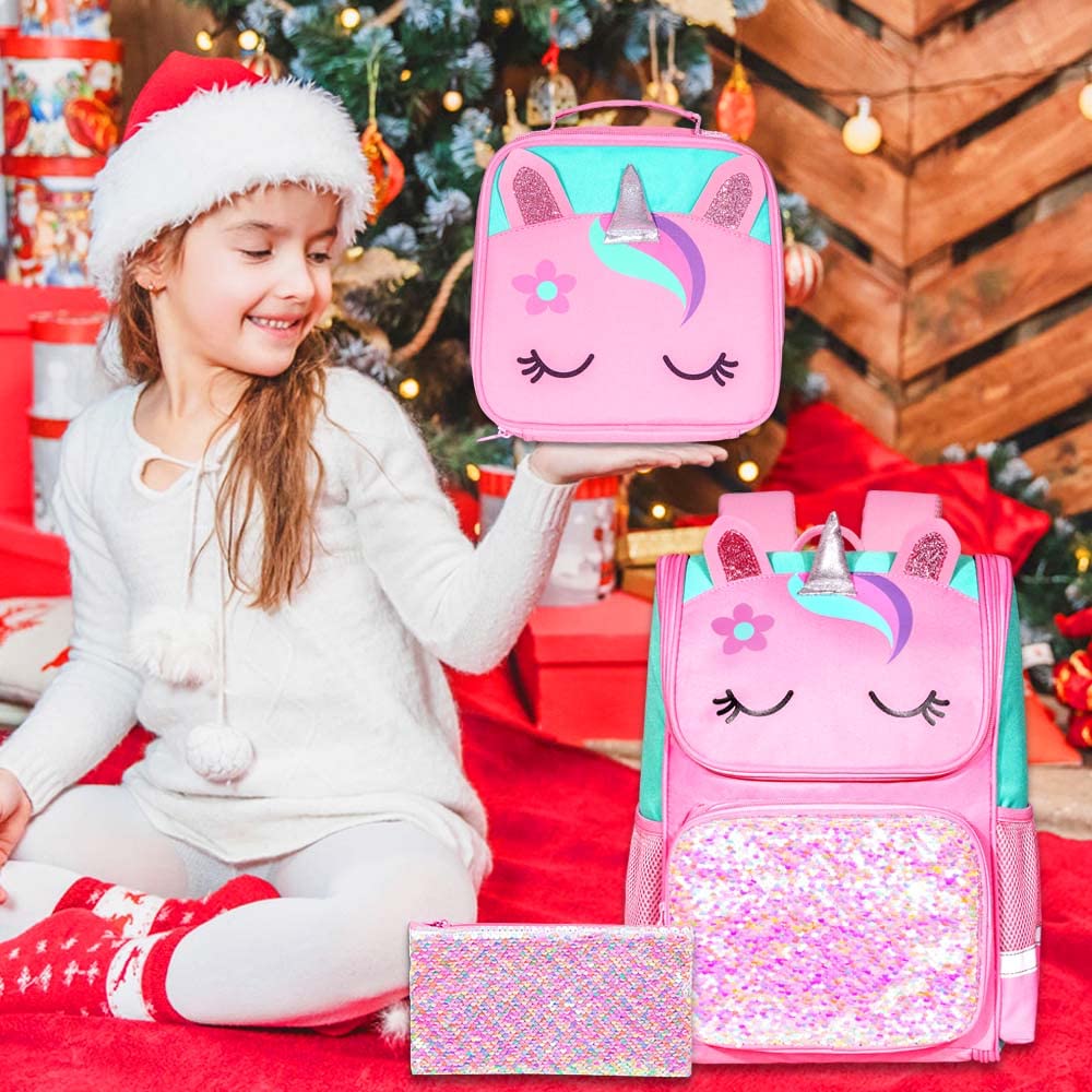 Lot de 3 sacs à dos à paillettes pour filles, sac à dos avec boîte à lunch, sac d'école maternelle pour enfants de 15 pouces pour élèves du primaire et du tout-petit - Koala vert 