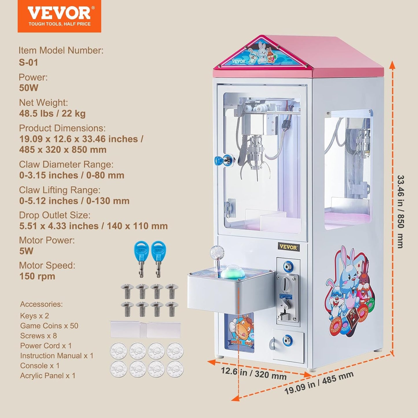 VEVOR Claw Machine, 0-3” Jaw Diameter 0-5” Jaw Lifting, Crane Prize Grabber Commercial Arcade Game Toys, Cool Fun Grab-and-Win Machine w/Light and Sound, Dispenser Vending Toy for Kids,Boys &Girls