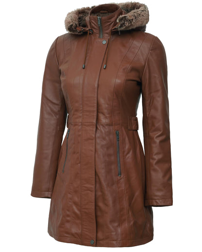 Decrum Hooded Leather Coat - Real Lambskin Parka Leather Jacket For Women With Removable Hood