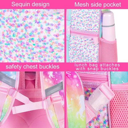 3PCS Kids Backpack for Girls, 15" Sequin Bookbag with Lunch Box, Leopard School Bag Set for Elementary Preschool Toddler