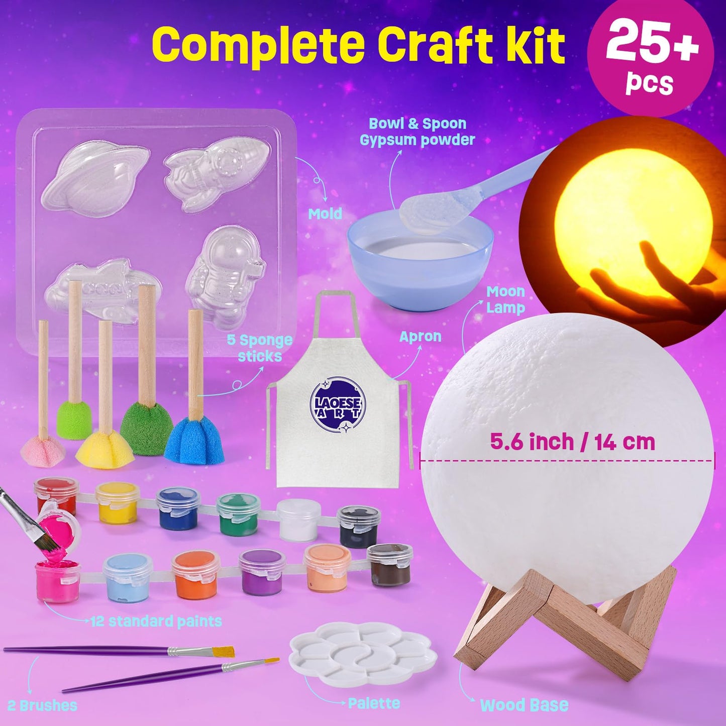 Paint Your Own Moon Lamp Kit, DIY 3D Moon Night Light with Space Figurines & Wooden Stand, Art Supplies Creativity Arts & Crafts Kit for Kids, Toys Girls Boy Birthday Christmas Gift Ages 3 4 5 6 7 8 9 10 11 12+