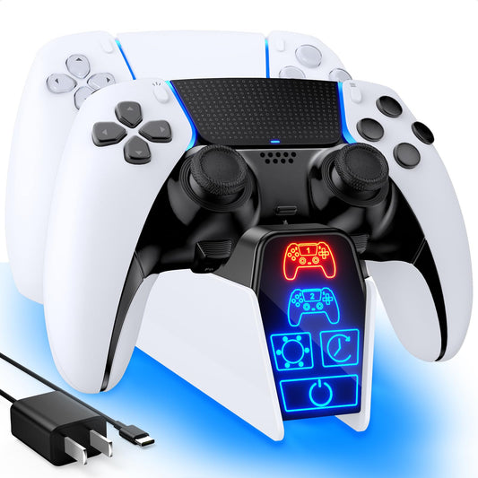 Estación de carga para controlador PS5 Fenolical con adaptador de CA de 5 V/3 A para controlador Dualsense y controlador Edge, estación de carga para accesorios de PlayStation 5 con función de temporizador y control táctil inteligente (blanco) 