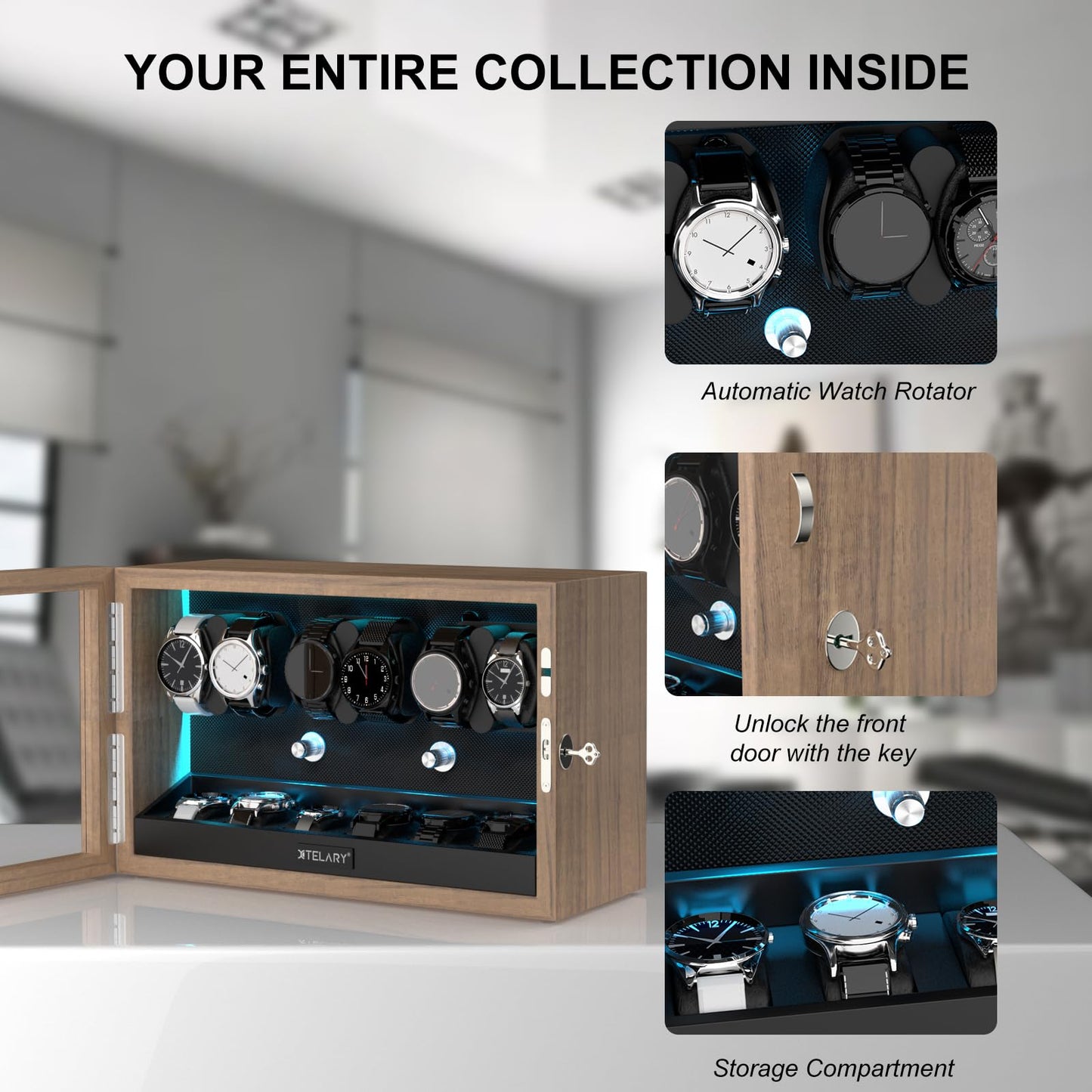 XTELARY Watch Winder for 4/6/8/12 Automatic Watches, Lockable Automatic Winders with Extra Watch Storages, 4 Rotation Modes, Flexible Watch Pillows, Quiet Mabuchi Motor, and Blue Backlight