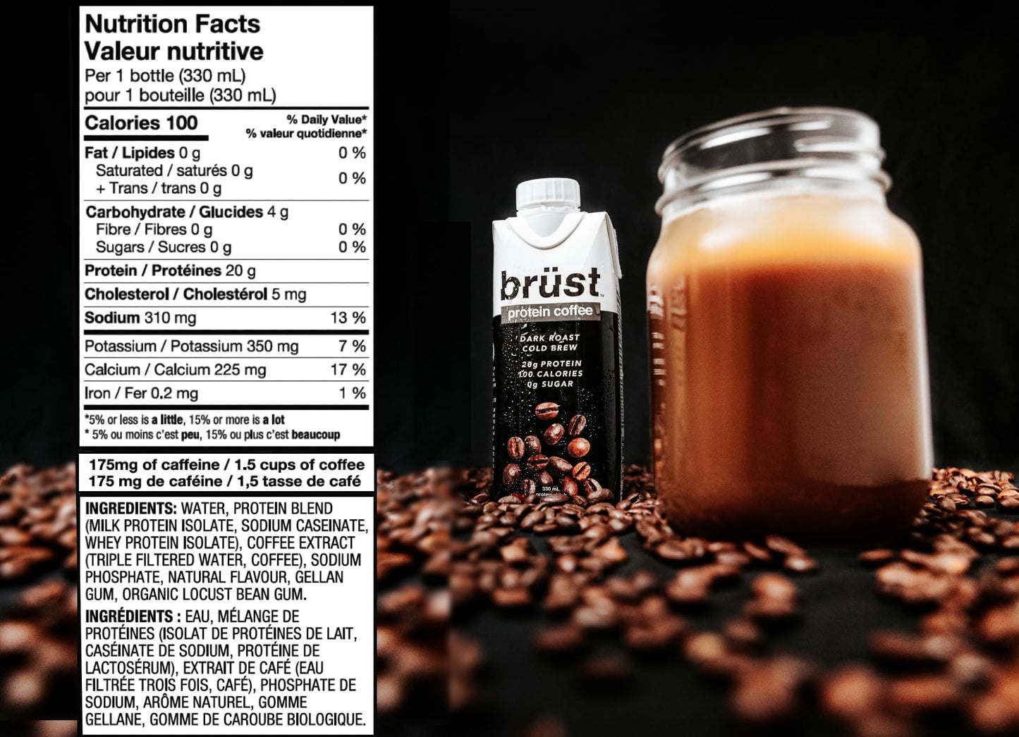 BRÜST PROTEIN COFFEE LIGHT ROAST - Pack de 12 (20 g de protéines, 120 mg de caféine, 120 calories) Léger, légèrement sucré, 330 ml, Brust Cold Brew Iced Coffee - COMME VU DANS DRAGON'S DEN 