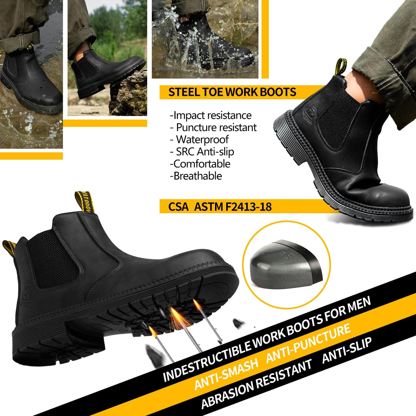 Bottes à embout en acier imperméables KELODON pour hommes - Bottes de travail en cuir de 6 pouces Bottes de construction indestructibles Bottes de sécurité 