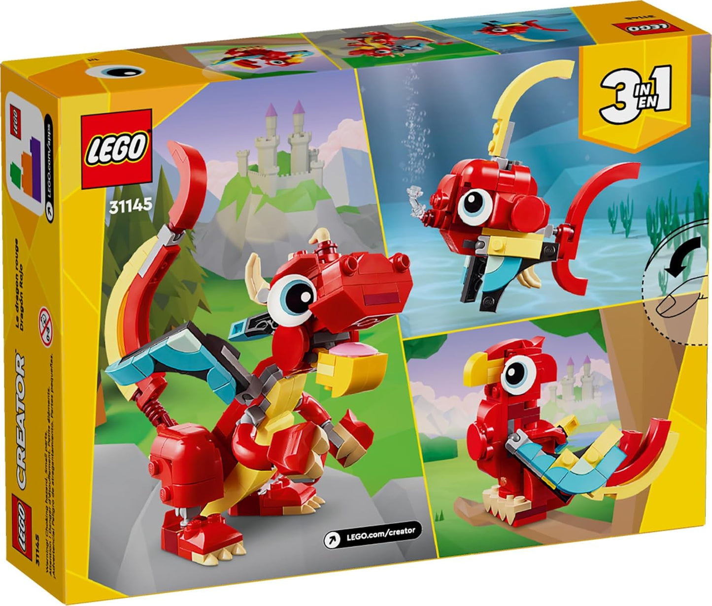 Jouet Dragon Rouge 3 en 1 LEGO Creator, se transforme de jouet Dragon en jouet Poisson en jouet Phénix, idée cadeau pour garçons et filles de 6 ans et plus, ensemble de jouets animaux pour enfants, 31145 