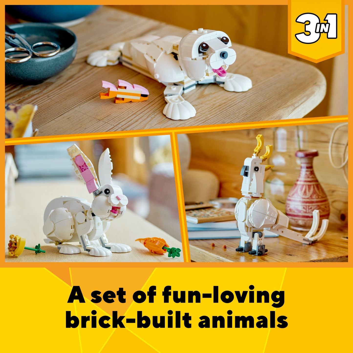 LEGO Creator 3 en 1 Ensemble de construction d'animaux Lapin blanc, jouet STEM pour enfants de 8 ans et plus, se transforme de lapin en phoque en perroquet, jouet de construction créatif pour garçons et filles, 31133 