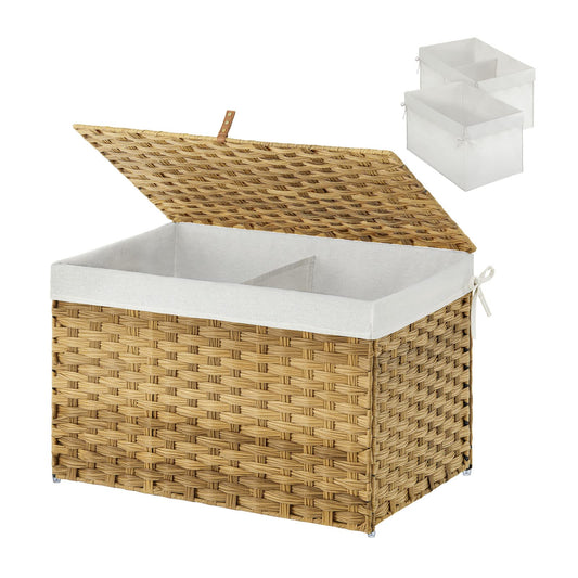 Greenstell Storage Basket with Lid, 65L Handwoven Large Shelf Basket with Cotton Liner and Metal Frame, Foldable & Easy to Install, Storage Box Basket Bin with Handle for Bedroom, Laundry Room