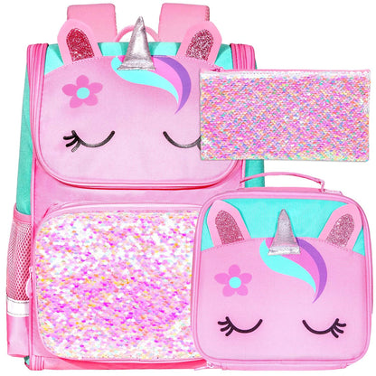 3PCS Kids Backpack for Girls, 15" Sequin Bookbag with Lunch Box, Leopard School Bag Set for Elementary Preschool Toddler