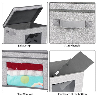 Univivi - Cestas de almacenamiento apilables con tapa y asas, 4 unidades, de tela, gran capacidad de carga, plegables, grandes, para el hogar y el armario (gris, 17 x 12 x 12 pulgadas) 