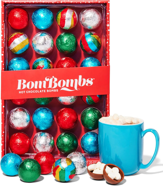 Bombombs, Coffret cadeau de bombes de chocolat chaud, 5 saveurs dans des emballages de Noël ; Brownie au fudge, Bonbons au caramel, S'Mores, Biscuits et crème et Menthe poivrée, Lot de 24 