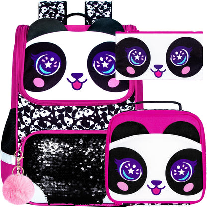 3PCS Kids Backpack for Girls, 15" Sequin Bookbag with Lunch Box, Leopard School Bag Set for Elementary Preschool Toddler