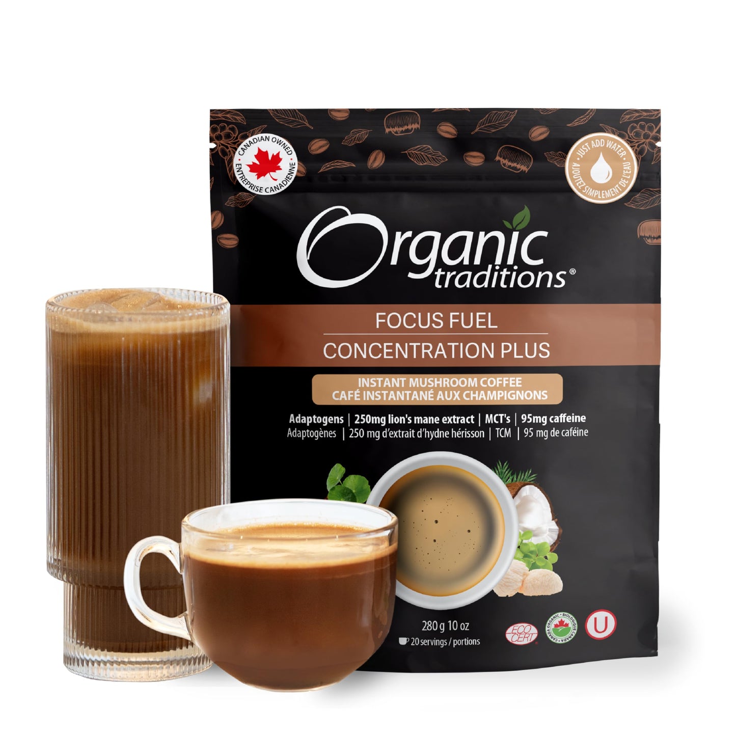 Café instantané biologique aux champignons Focus Fuel de Organic Traditions - Mélange de café aux champignons crinière de lion avec adaptogènes et C8 MCT - 140 g/5 oz 