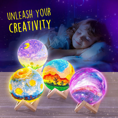 Paint Your Own Moon Lamp Kit, DIY 3D Moon Night Light with Space Figurines & Wooden Stand, Art Supplies Creativity Arts & Crafts Kit for Kids, Toys Girls Boy Birthday Christmas Gift Ages 3 4 5 6 7 8 9 10 11 12+