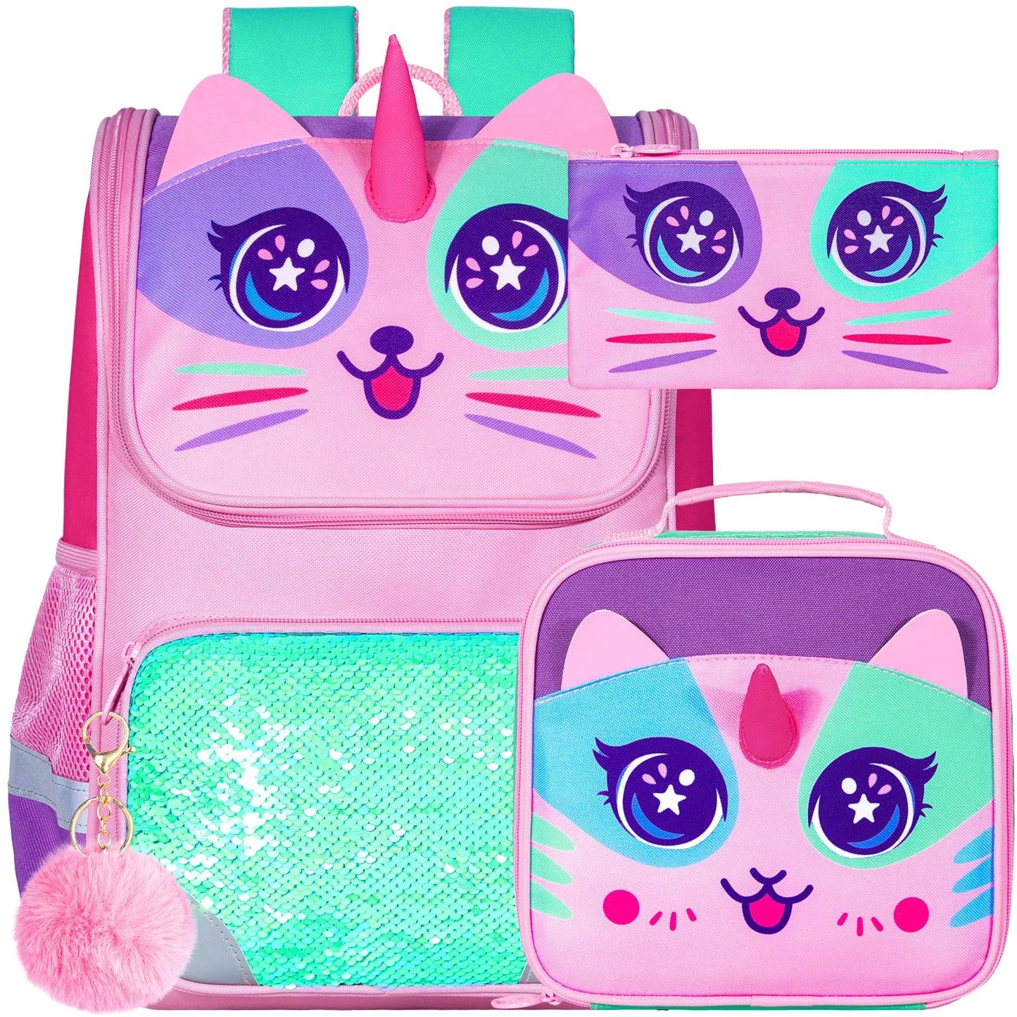 3PCS Kids Backpack for Girls, 15" Sequin Bookbag with Lunch Box, Leopard School Bag Set for Elementary Preschool Toddler