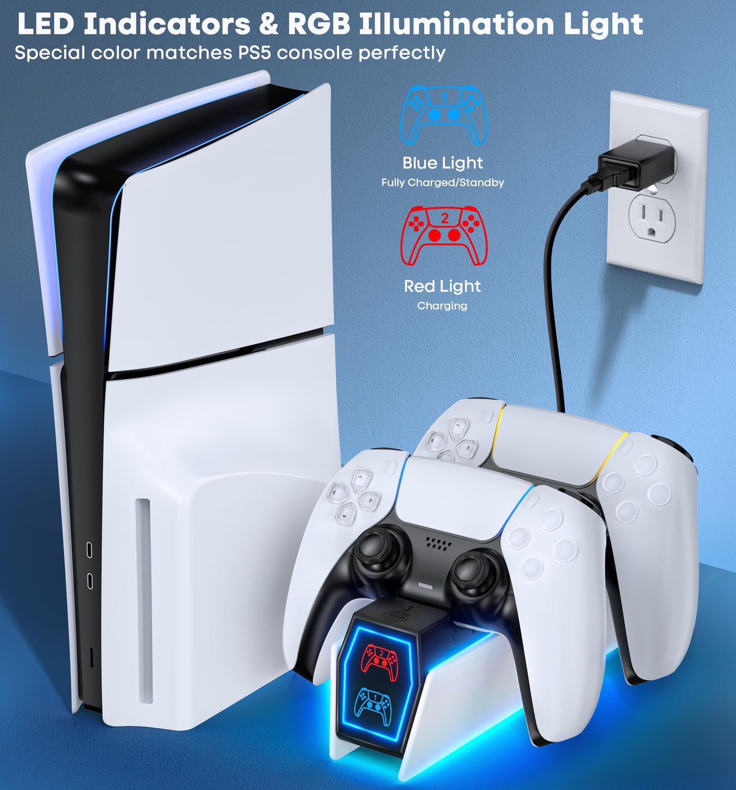 Chargeur de contrôleur PS5, station de charge OIVO PS5 pour contrôleur Dualsense, station de charge de contrôleur PS5 avec adaptateur secteur de charge rapide, chargeur PS5 pour contrôleur double PlayStation 5 