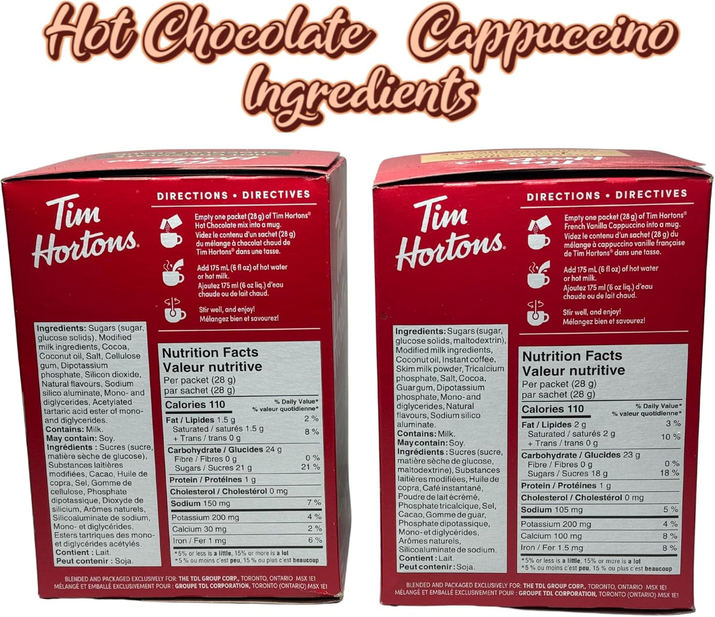 Hot Chocolate Powder & French Vanilla Cappuccino Cup Bundle with 8 Tim Hortons Hot Chocolate Packets & 8 Tim Hortons French Vanilla Cappuccino Mix Packets with 8 AJM Collections Disposable Coffee Cups