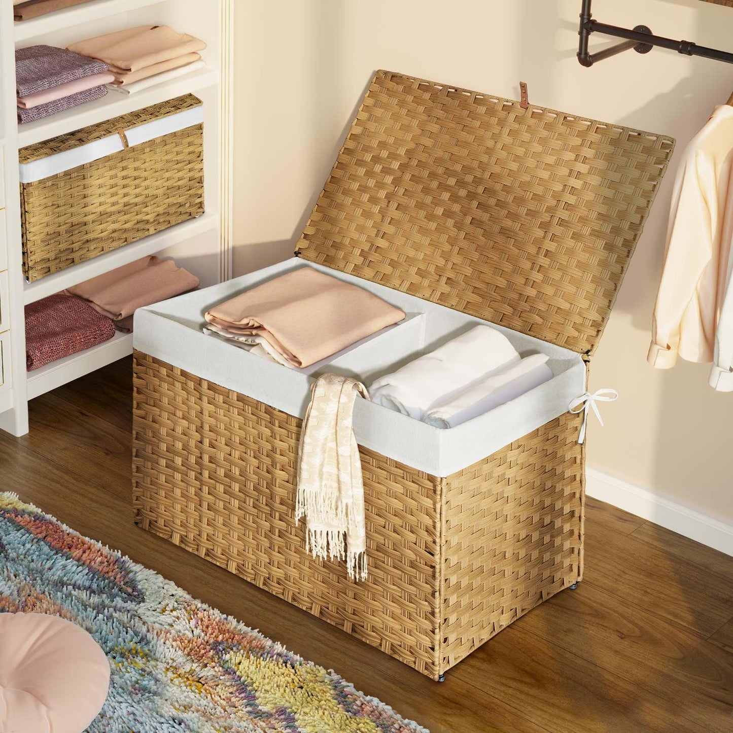 Panier de rangement Greenstell avec couvercle, grand panier à étagères tissé à la main de 65 L avec doublure en coton et cadre en métal, pliable et facile à installer, panier de rangement avec poignée pour chambre à coucher, buanderie