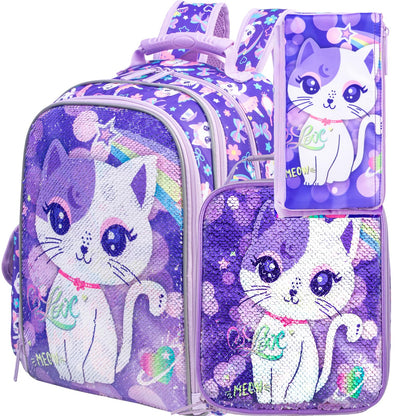 3PCS Kids Backpack for Girls, 15" Sequin Bookbag with Lunch Box, Leopard School Bag Set for Elementary Preschool Toddler