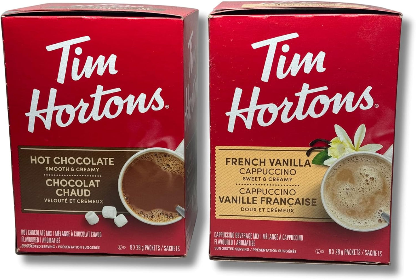 Hot Chocolate Powder & French Vanilla Cappuccino Cup Bundle with 8 Tim Hortons Hot Chocolate Packets & 8 Tim Hortons French Vanilla Cappuccino Mix Packets with 8 AJM Collections Disposable Coffee Cups