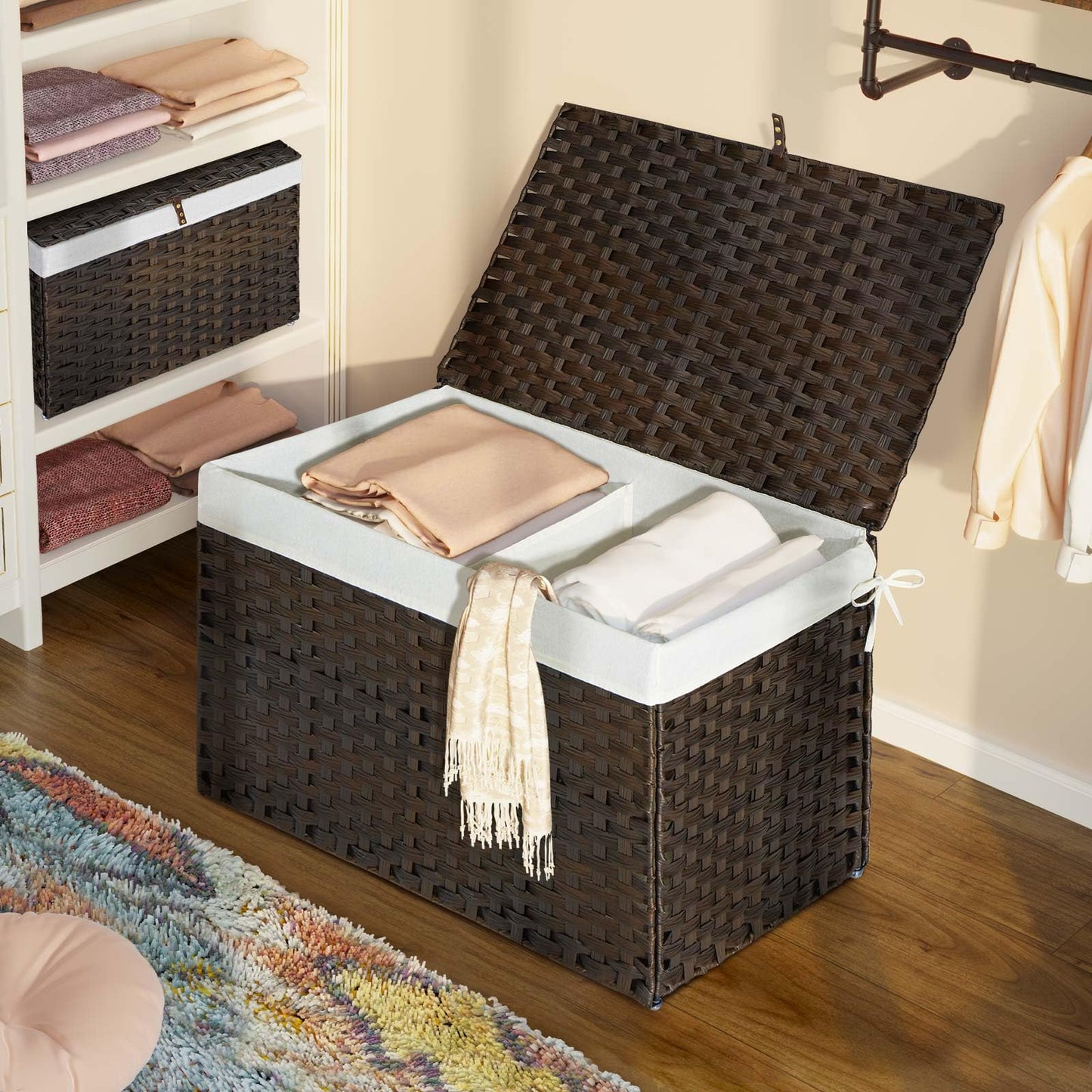 Panier de rangement Greenstell avec couvercle, grand panier à étagères tissé à la main de 65 L avec doublure en coton et cadre en métal, pliable et facile à installer, panier de rangement avec poignée pour chambre à coucher, buanderie