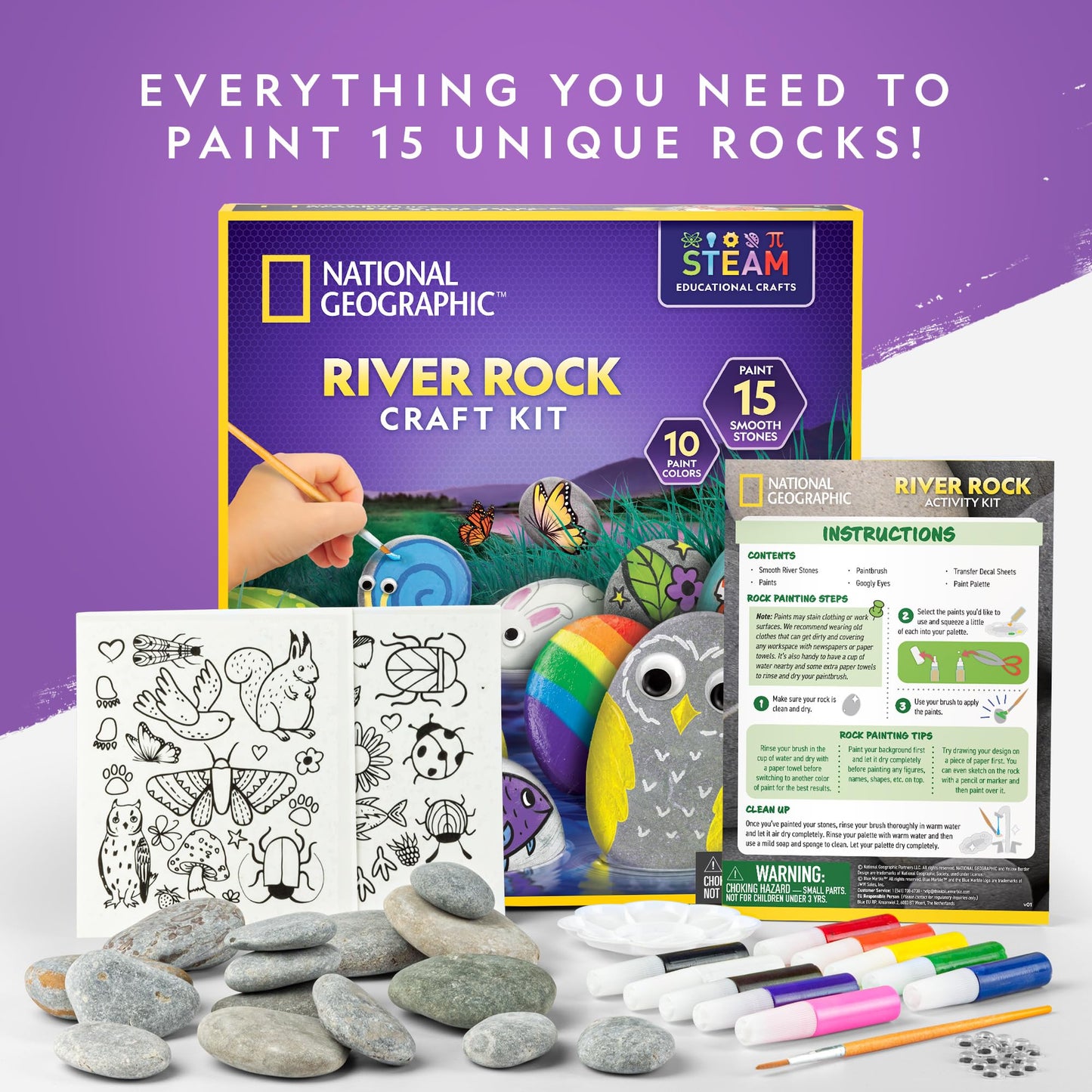 NATIONAL GEOGRAPHIC Rock Painting Kit - Arts & Crafts Kit for Kids, Paint & Decorate 15 River Rocks with 10 Paint Colours & More Art Supplies, Kids Craft, Outdoor Toys, Kids Art Kit, Kids Activity Kit