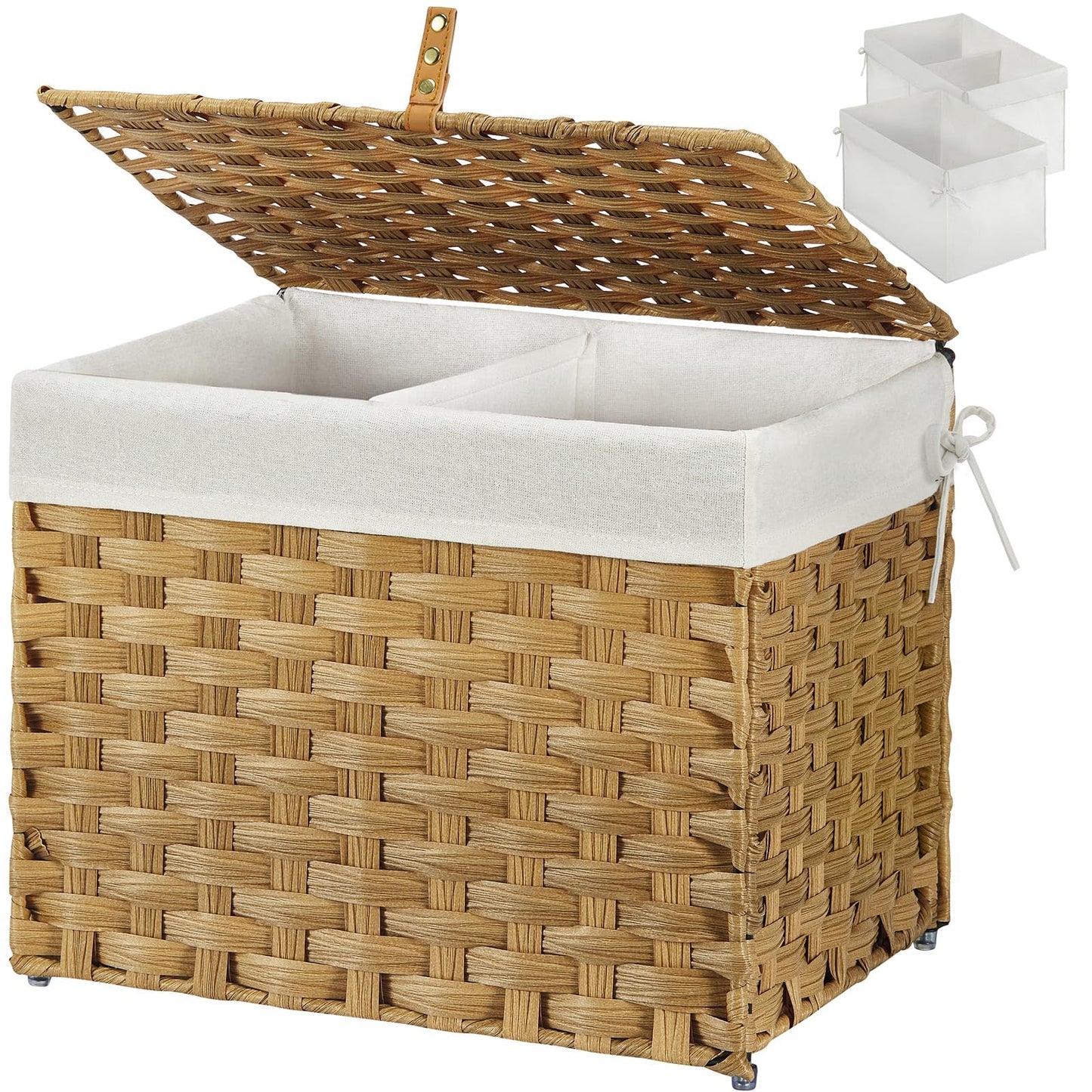 Panier de rangement Greenstell avec couvercle, grand panier à étagères tissé à la main de 65 L avec doublure en coton et cadre en métal, pliable et facile à installer, panier de rangement avec poignée pour chambre à coucher, buanderie