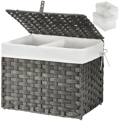 Panier de rangement Greenstell avec couvercle, grand panier à étagères tissé à la main de 65 L avec doublure en coton et cadre en métal, pliable et facile à installer, panier de rangement avec poignée pour chambre à coucher, buanderie