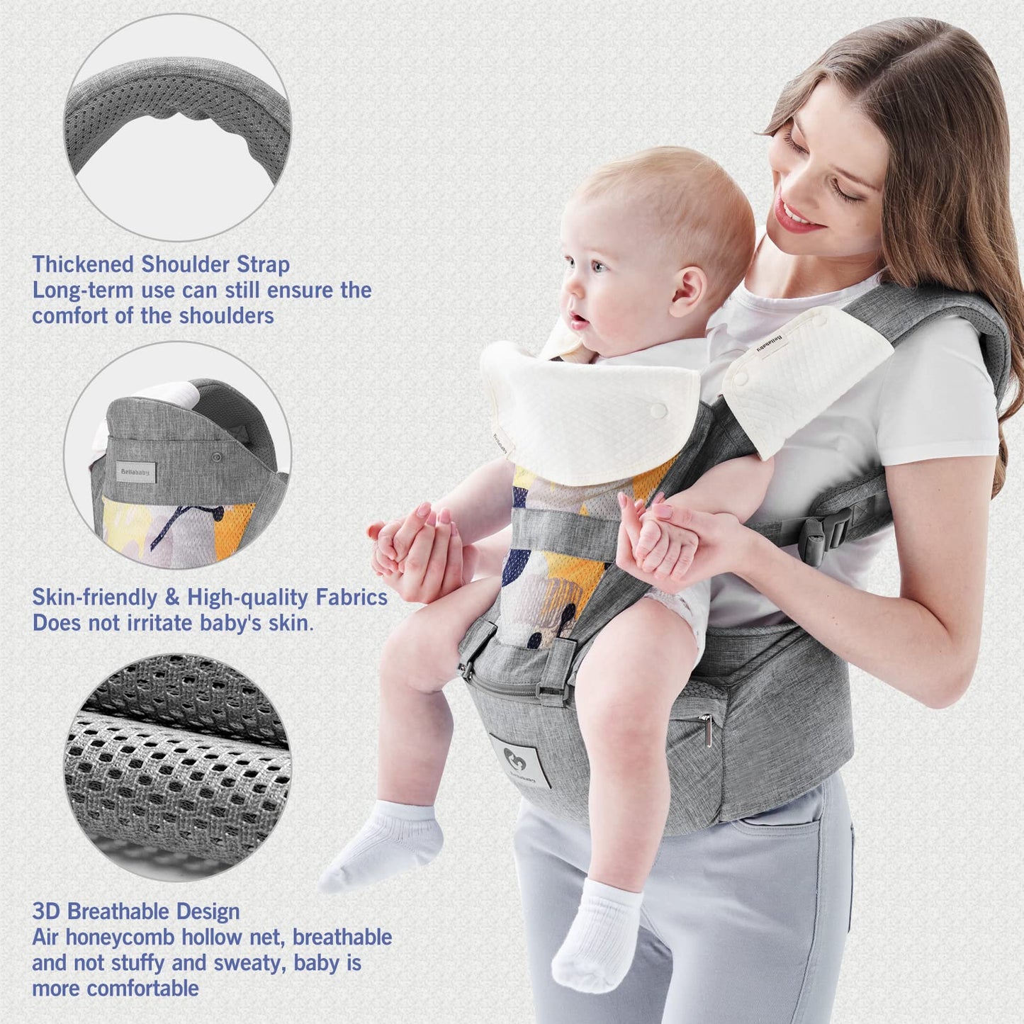 Porte-bébé, siège de hanche multifonction Bellababy (position M ergonomique) pour bébé de 3 à 36 mois, 6 façons de porter en 1, toutes saisons, taille réglable, parfait pour faire du shopping et voyager, gris 