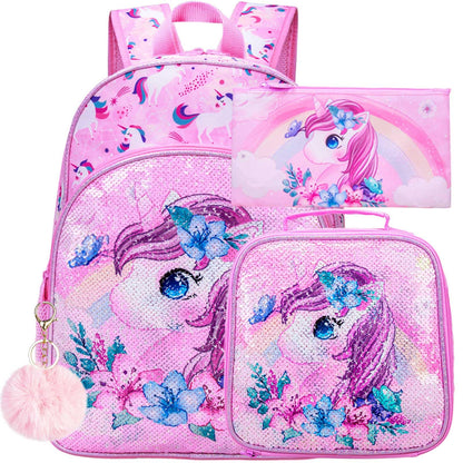 3PCS Kids Backpack for Girls, 15" Sequin Bookbag with Lunch Box, Leopard School Bag Set for Elementary Preschool Toddler