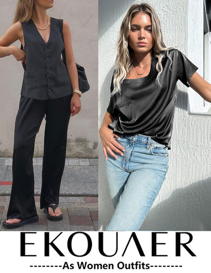 Ensemble de pyjama en satin soyeux pour femmes Ekouaer, chemise à manches courtes avec pantalon de pyjama long, vêtements de détente doux